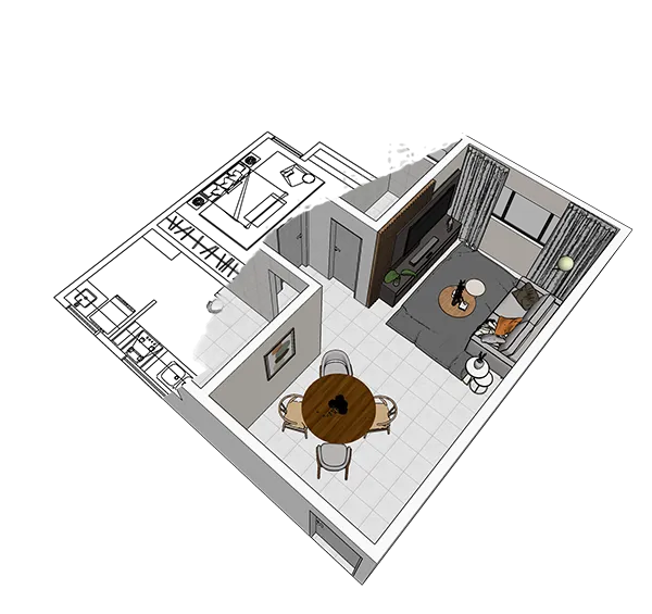Render realista de interior com iluminação natural