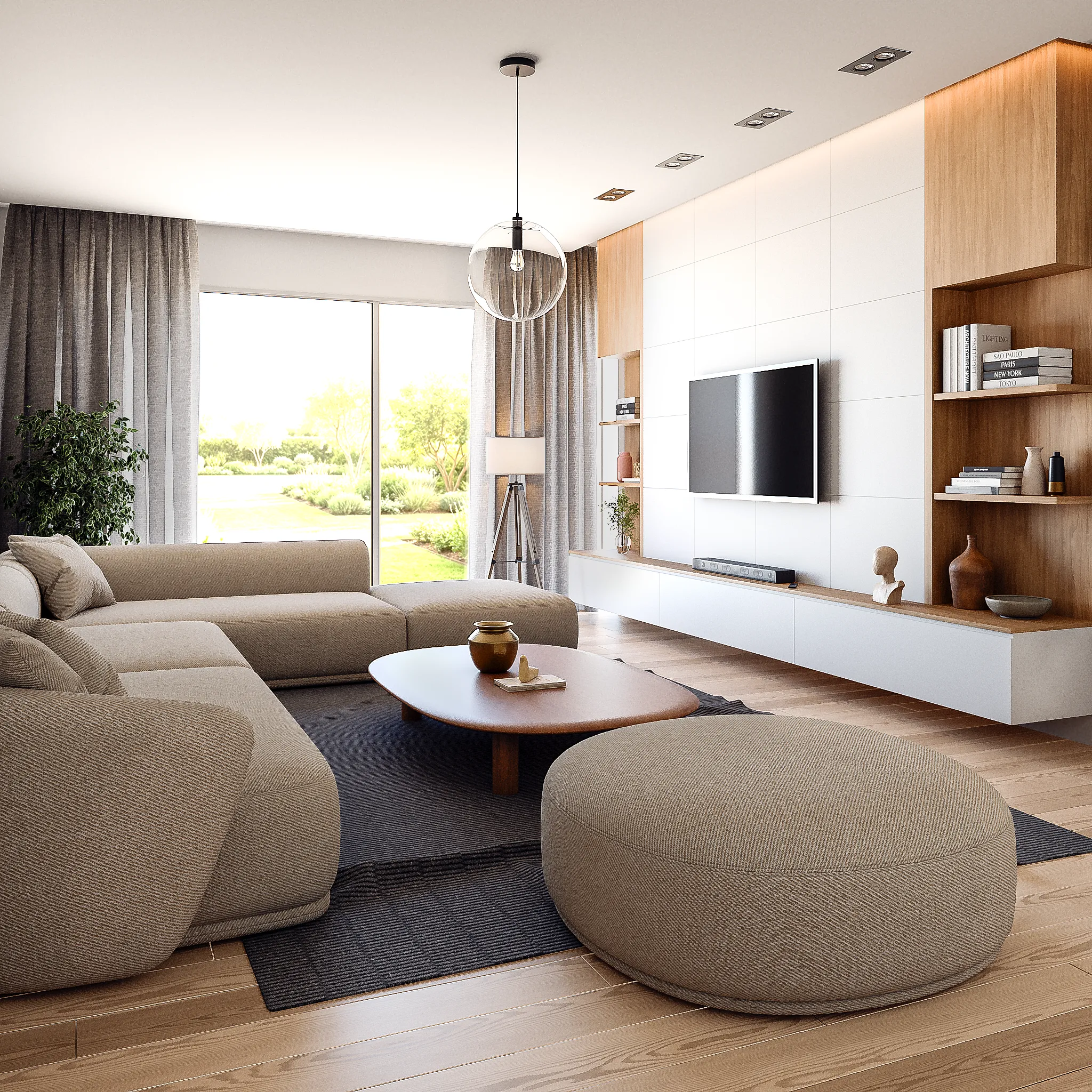 Render realista de interior com iluminação natural